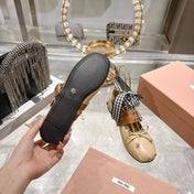 MIUMIU 26S SLINGBACK BALLET FLATS IN BEIGE CALFSKIN AND BROWN STRAP RIBBON