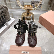 MIUMIU 26S SLINGBACK BALLET FLATS IN DARK BROWN CALFSKIN AND BLACK STRAP RIBBON