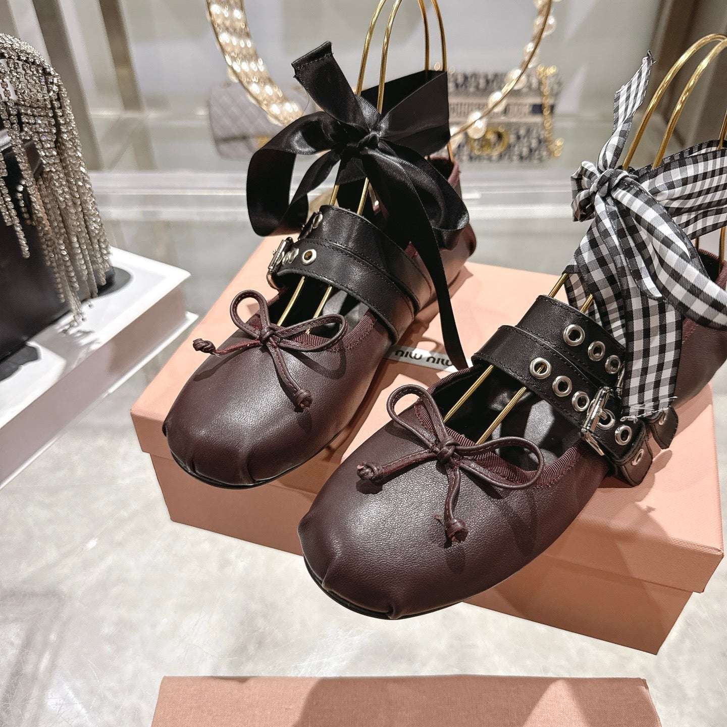 MIUMIU 26S SLINGBACK BALLET FLATS IN DARK BROWN CALFSKIN AND BLACK STRAP RIBBON