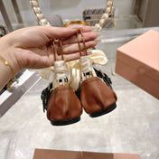 MIUMIU 26S SLINGBACK BALLET FLATS IN CARAMEL BROWN CALFSKIN AND BLACK STRAP RIBBON