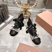 MIUMIU 26S SLINGBACK BALLET FLATS IN BLACK CALFSKIN AND BEIGE CANVAS RIBBON