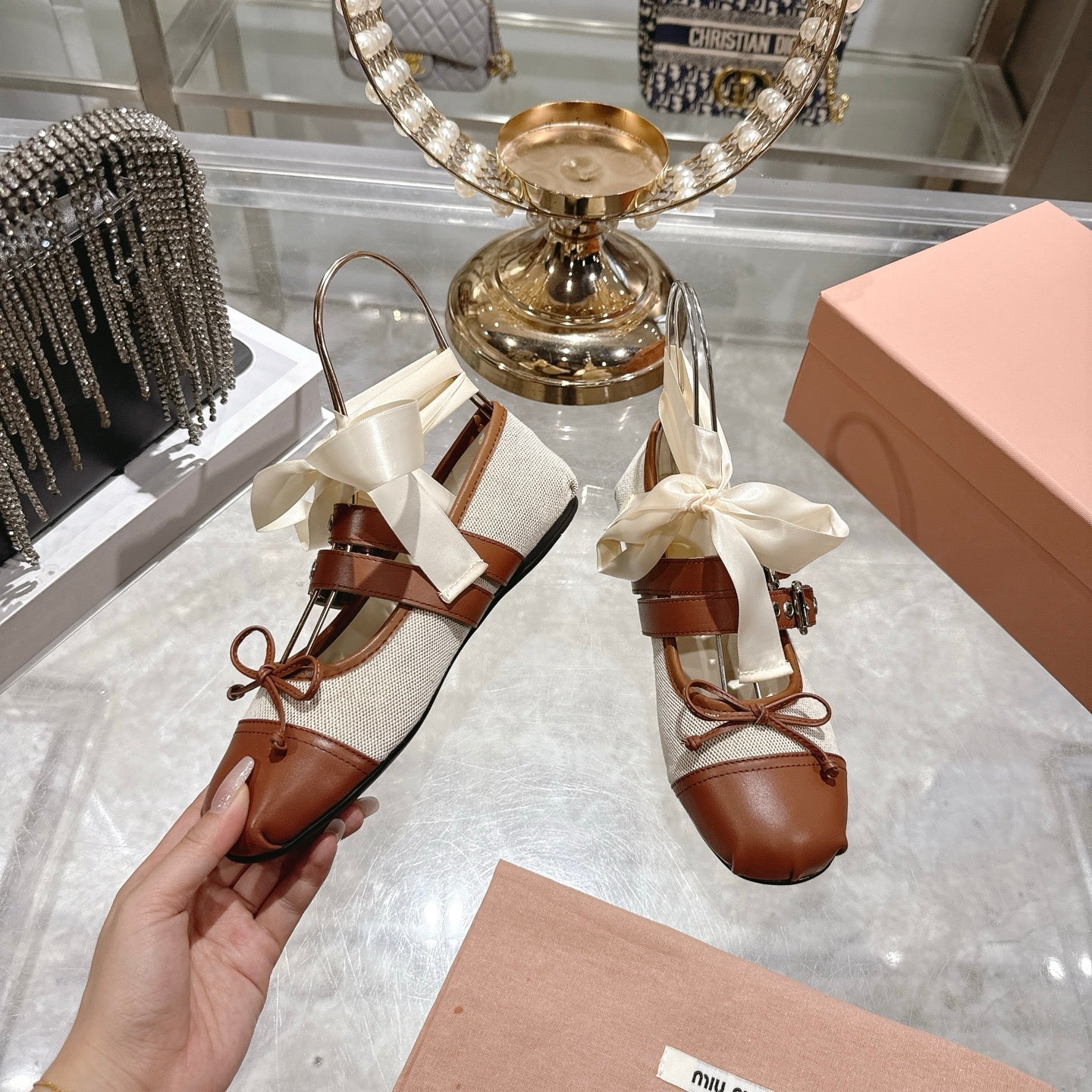 MIUMIU 26S SLINGBACK BALLET FLATS IN BROWN CALFSKIN AND BEIGE CANVAS RIBBON