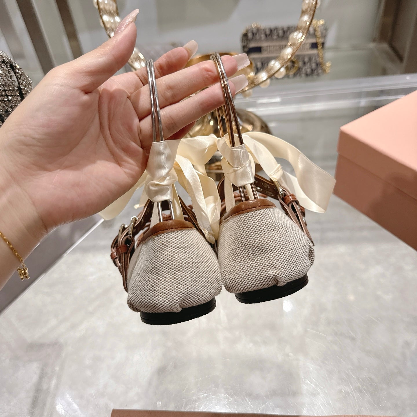 MIUMIU 26S SLINGBACK BALLET FLATS IN BROWN CALFSKIN AND BEIGE CANVAS RIBBON