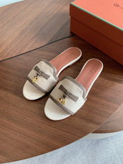 LP 26S SUMMER CHARMS SLIDES IN BEIGE CANVAS AND TAUPE BROWN CALFSKIN GOLD HARDWARE