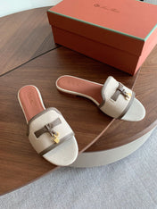LP 26S SUMMER CHARMS SLIDES IN BEIGE CANVAS AND TAUPE BROWN CALFSKIN GOLD HARDWARE