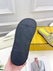 FENDI FLAT SLIPPER IN YELLOW MIX GREY MONOGRAM JACQUARD FABRIC WITH GOLD HARDWARE