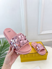FENDI THICK SOLE 3 CM SEQUIN SLIPPER ROUGH PINK