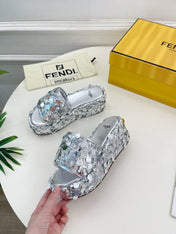 FENDI THICK SOLE 6 CM SEQUIN SLIPPER SILVER