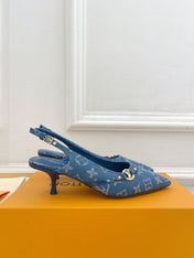 HIGH SLINGBACKS 5 CM IN CLASSIC BLUE MONOGRAM DENIM FABRIC