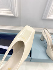 SQUARE TOE SLINGBACK PUMPS IN WHITE GLOSSY CALFSKIN