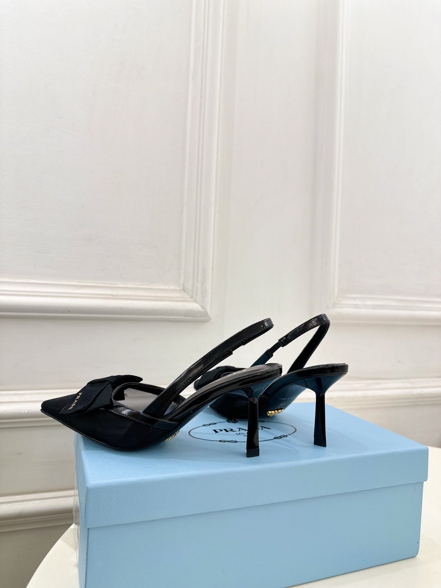 PRADA 26S POINTED-TOE SLINGBACK HEELS 75MM IN BLACK MESH WITH BLACK BOW