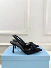 PRADA 26S POINTED-TOE SLINGBACK HEELS 75MM IN BLACK MESH WITH BLACK BOW