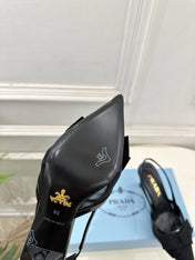 PRADA 26S POINTED-TOE SLINGBACK HEELS 75MM IN BLACK MESH WITH BLACK BOW