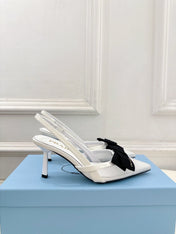 PRADA 26S POINTED-TOE SLINGBACK HEELS 75MM IN WHITE MESH WITH BLACK BOW
