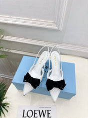 PRADA 26S POINTED-TOE SLINGBACK HEELS 75MM IN WHITE MESH WITH BLACK BOW