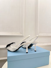 PRADA 26S POINTED-TOE SLINGBACK HEELS 75MM IN WHITE MESH WITH BLACK BOW
