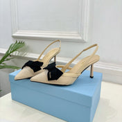 PRADA 26S POINTED-TOE SLINGBACK HEELS 75MM IN BEIGE MESH WITH BLACK BOW