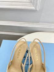 PRADA 26S POINTED-TOE SLINGBACK HEELS 75MM IN BEIGE MESH WITH BLACK BOW