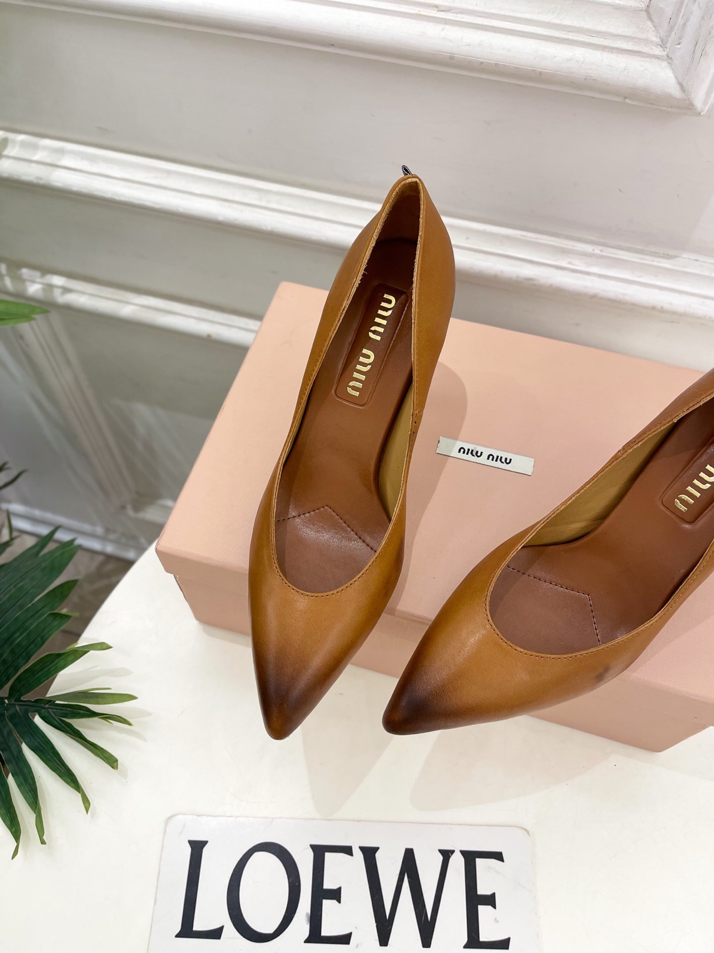 MIUMIU 26S POINTED TOE HIGH HEELS 85MM IN BROWN COGNAC CALFSKIN