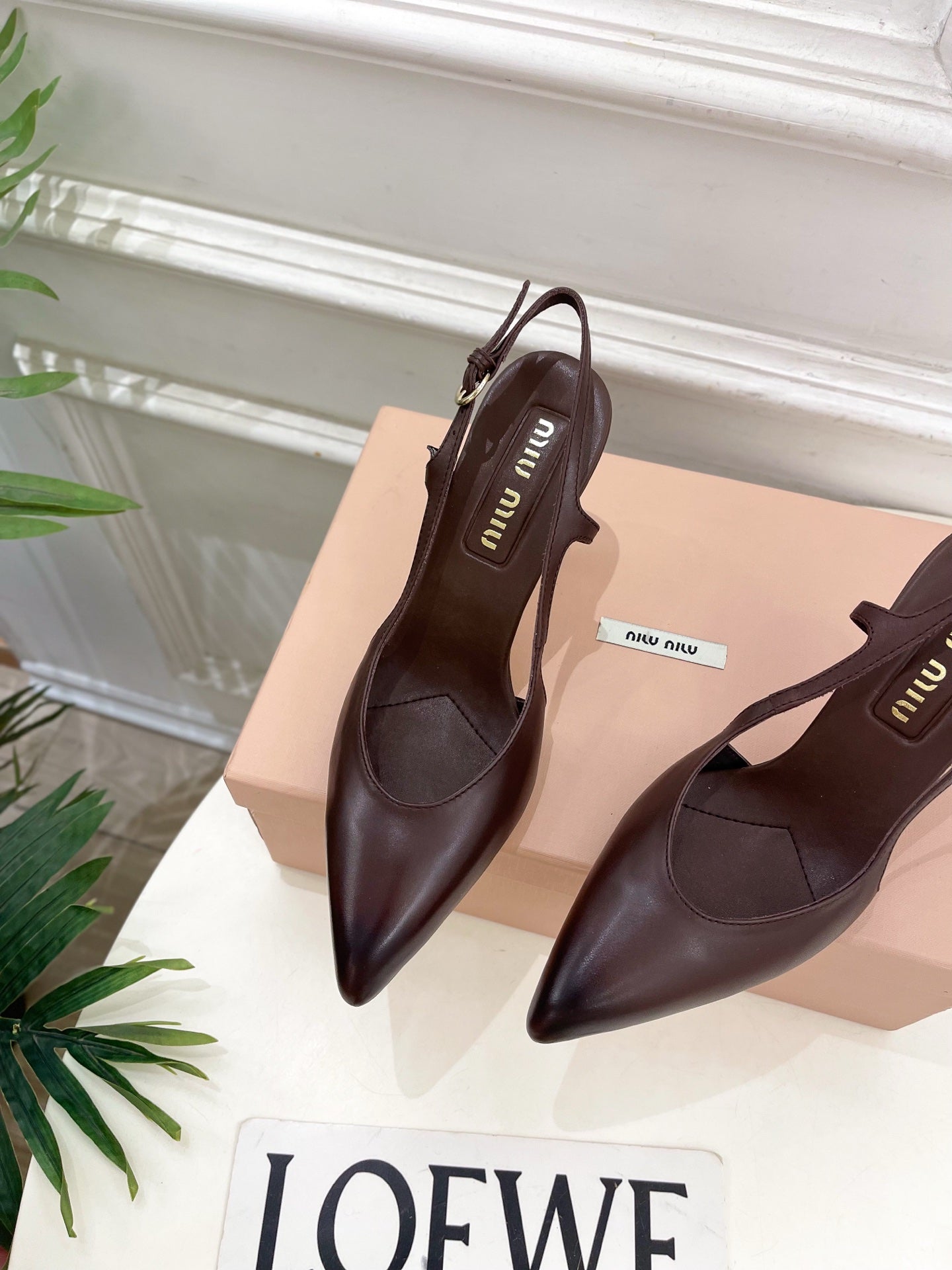 MIUMIU 26S SLINGBACK PUMPS 85MM IN CHOCOLATE BROWN CALFSKIN