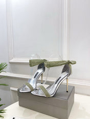 TOM FORD 26S HIGH-HEELED SANDALS 105 MM IN LIGHT GREEN FABRIC AND SILVER CALFSKIN