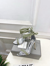 TOM FORD 26S HIGH-HEELED SANDALS 105 MM IN LIGHT GREEN FABRIC AND SILVER CALFSKIN
