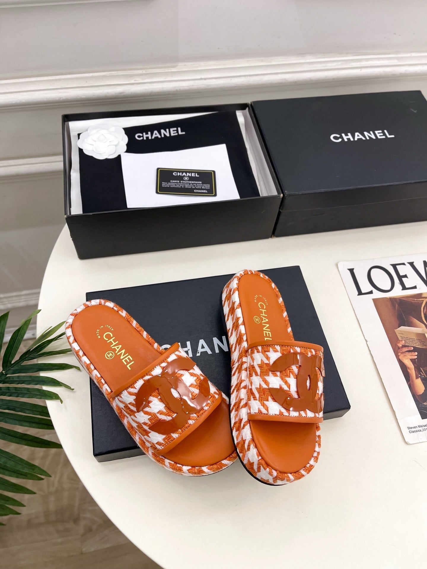 CHANEL 26S SANDALS 35 MM IN ORANGE TWEED