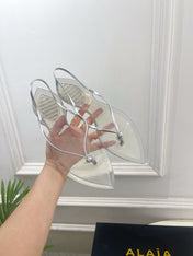 ALAIA 26S POINTED-TOE THONG SANDALS IN SILVER AND TRANSPARENT PVC