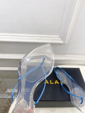 ALAIA 26S POINTED-TOE THONG SANDALS IN BLUE SATIN AND TRANSPARENT PVC
