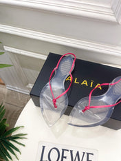 ALAIA 26S POINTED-TOE THONG SANDALS IN DARK PINK SATIN AND TRANSPARENT PVC