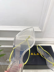 ALAIA 26S POINTED-TOE THONG SANDALS IN LIGHT YELLOW SATIN AND TRANSPARENT PVC