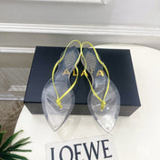 ALAIA 26S POINTED-TOE THONG SANDALS IN LIGHT YELLOW SATIN AND TRANSPARENT PVC