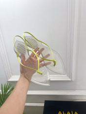ALAIA 26S POINTED-TOE THONG SANDALS IN LIGHT YELLOW SATIN AND TRANSPARENT PVC