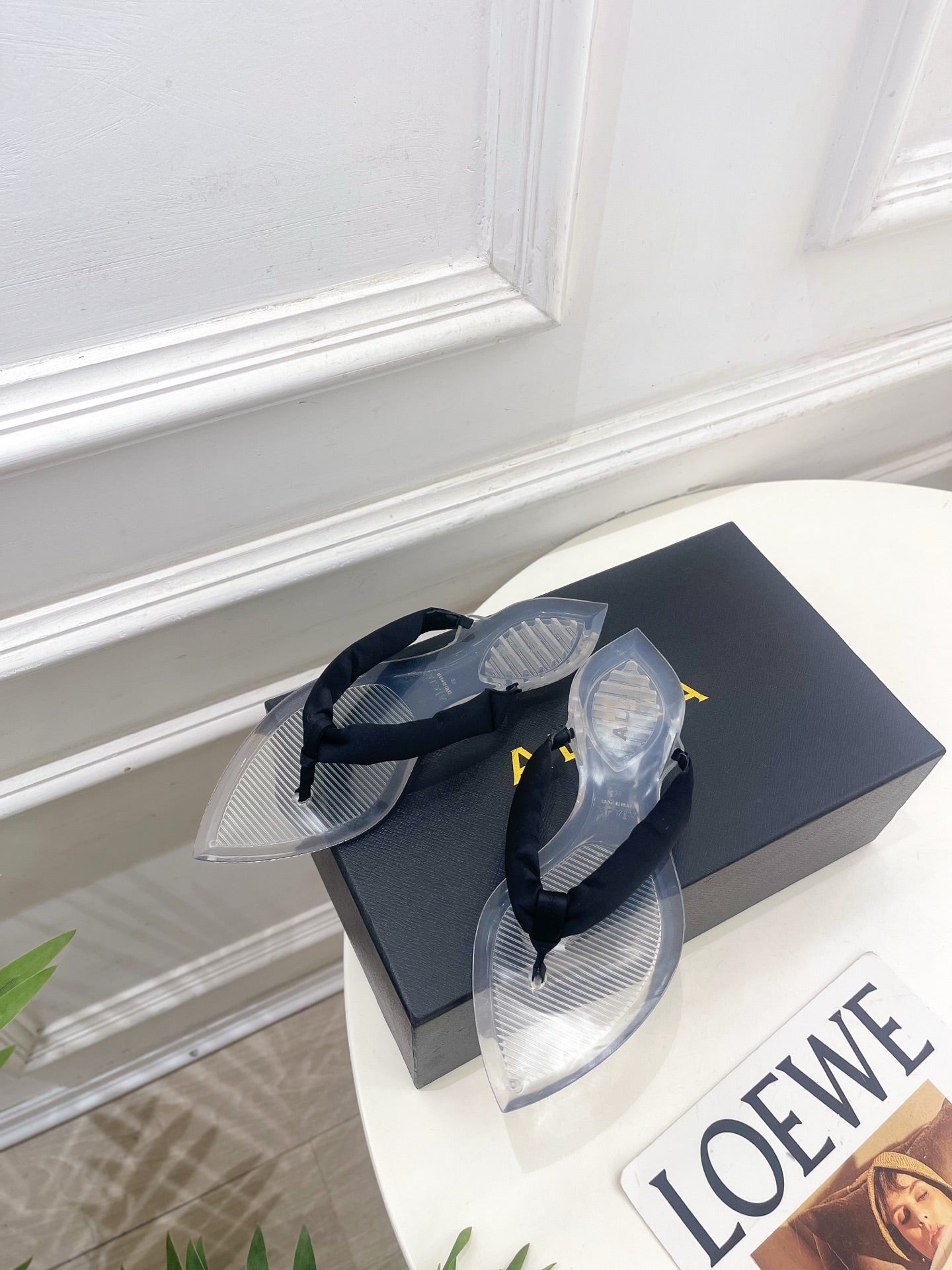 ALAIA 26S THONG SANDALS IN BLACK SATIN AND TRANSPARENT PVC