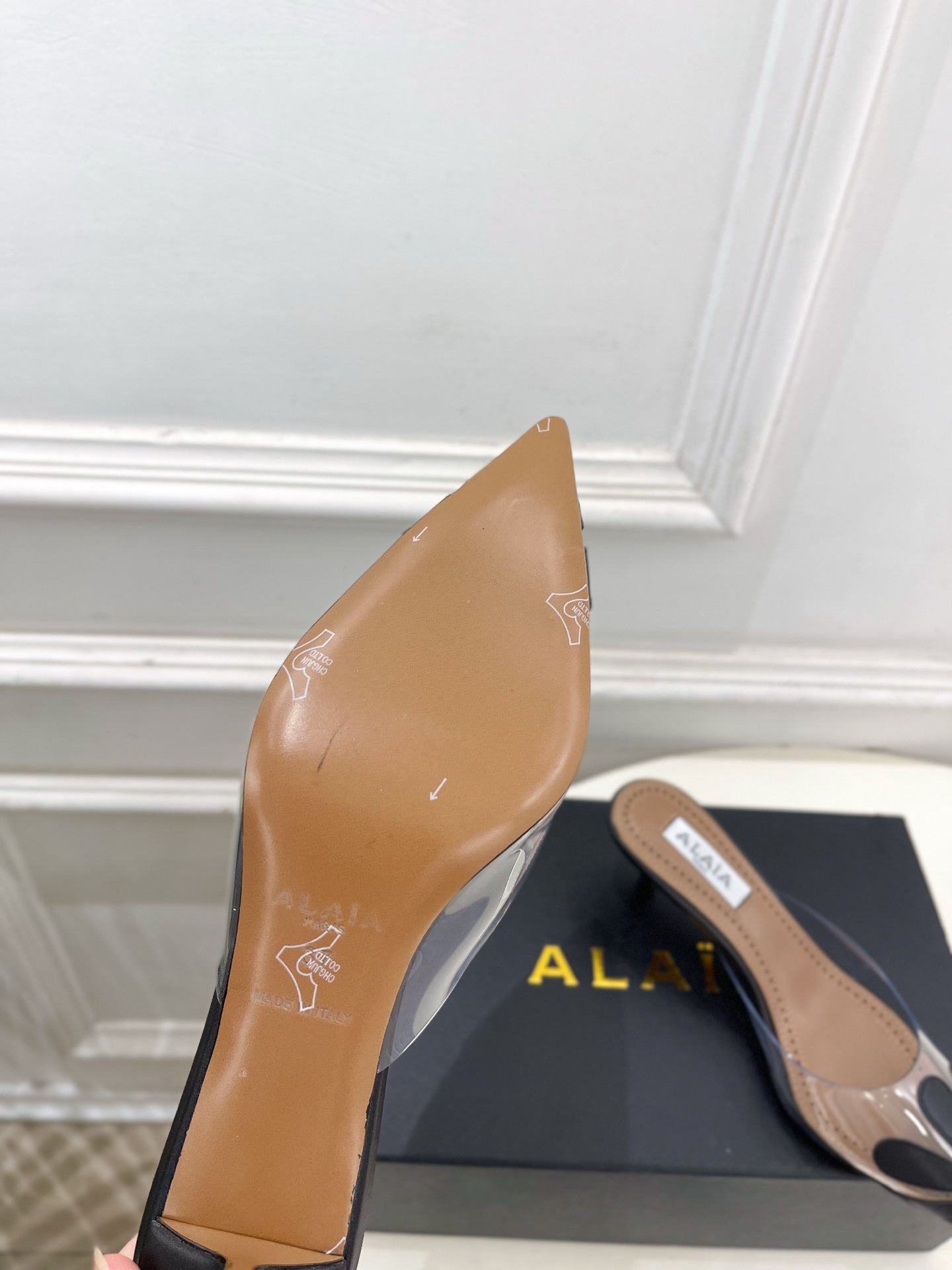 ALAIA 26S MULE HEELS 55 MM IN BLACK LAMBSKIN AND TRANSPARENT PVC