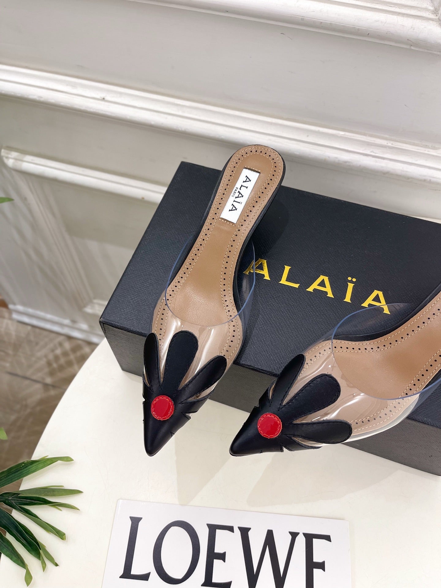 ALAIA 26S MULE HEELS 55 MM IN BLACK LAMBSKIN AND TRANSPARENT PVC
