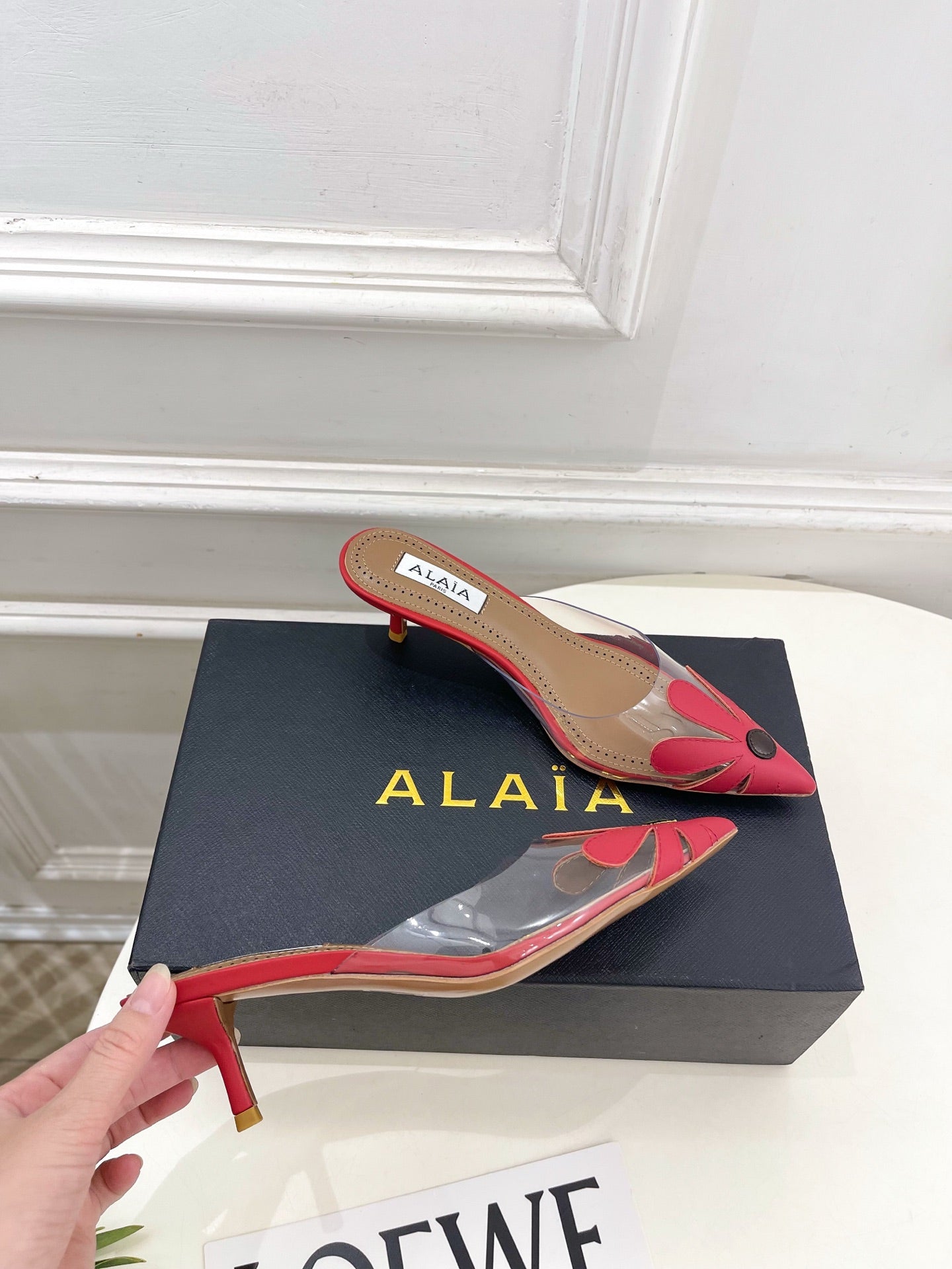 ALAIA 26S MULE HEELS 55 MM IN DARK RED LAMBSKIN AND TRANSPARENT PVC