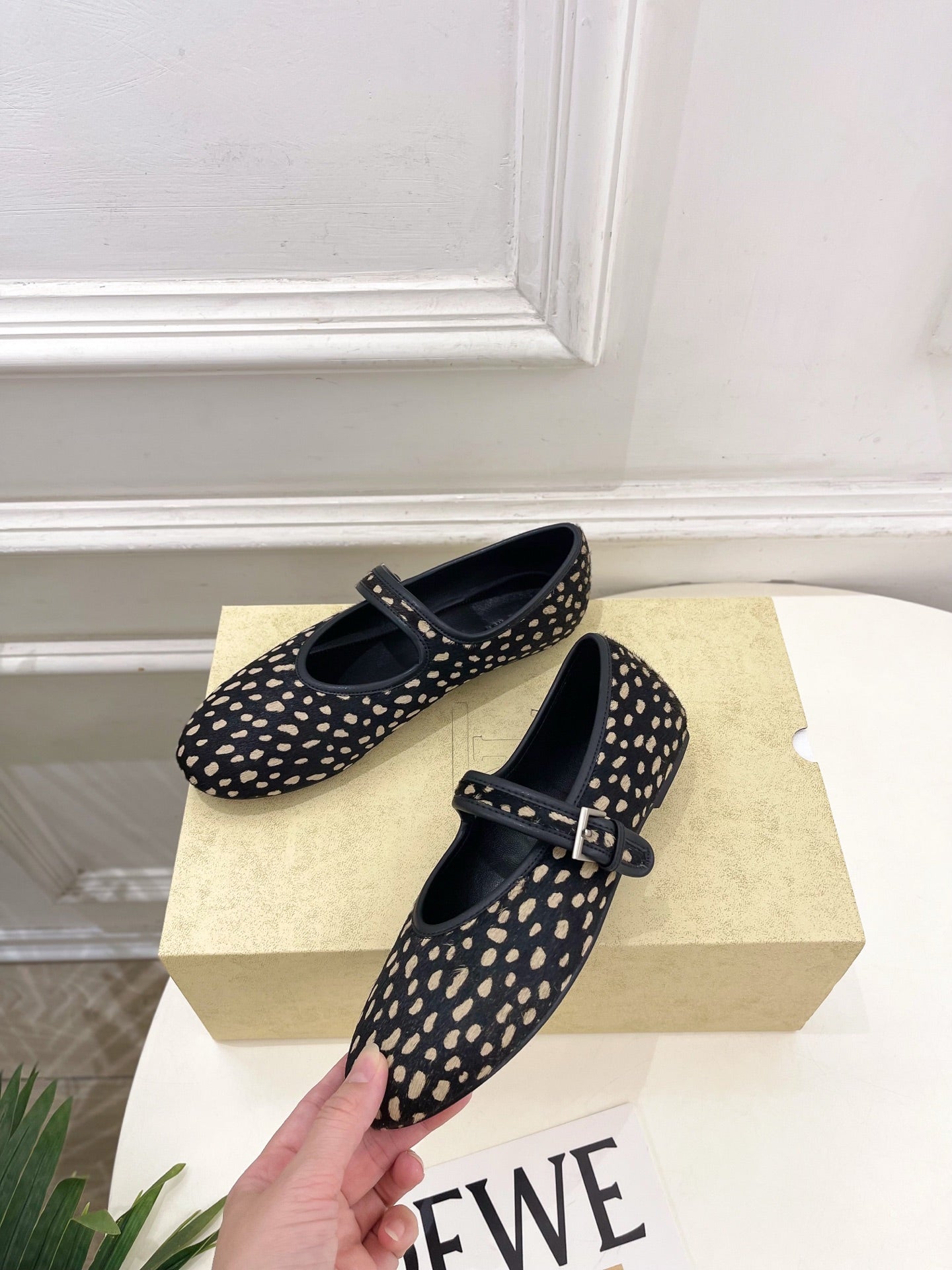 THE ROW 26S ROUND TOE MARY JANE FLATS IN BLACK LEOPARD CALF HAIR