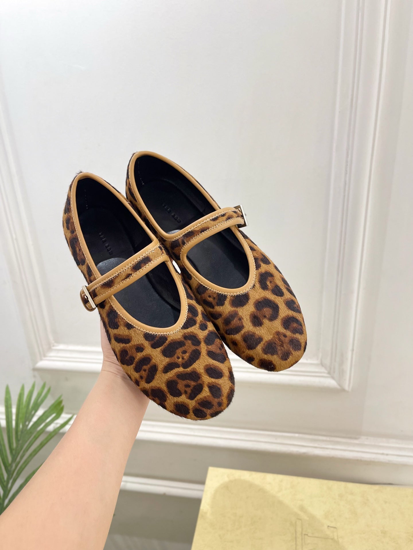 THE ROW 26S ROUND TOE MARY JANE FLATS IN BROWN LEOPARD CALF HAIR