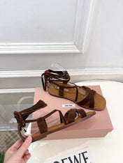 MIUMIU 26S LACE-UP SANDALS IN DARK BROWN SUEDE