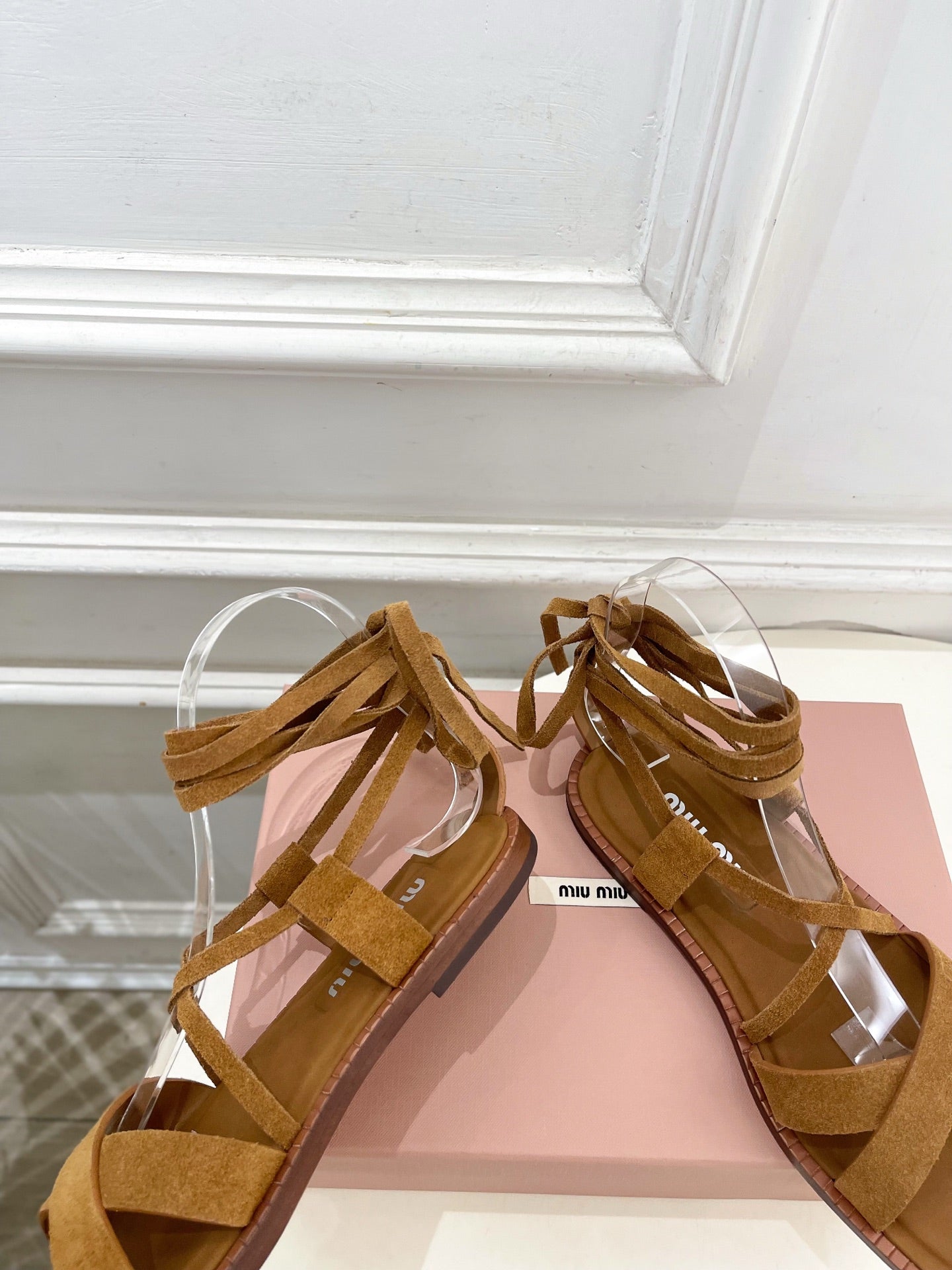 MIUMIU 26S LACE-UP SANDALS IN CARAMEL BROWN SUEDE