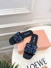 MIUMIU 26S SLIDES IN BLACK SATIN CRYSTAL EMBELLISHED