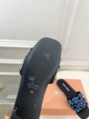 MIUMIU 26S SLIDES IN BLACK SATIN CRYSTAL EMBELLISHED