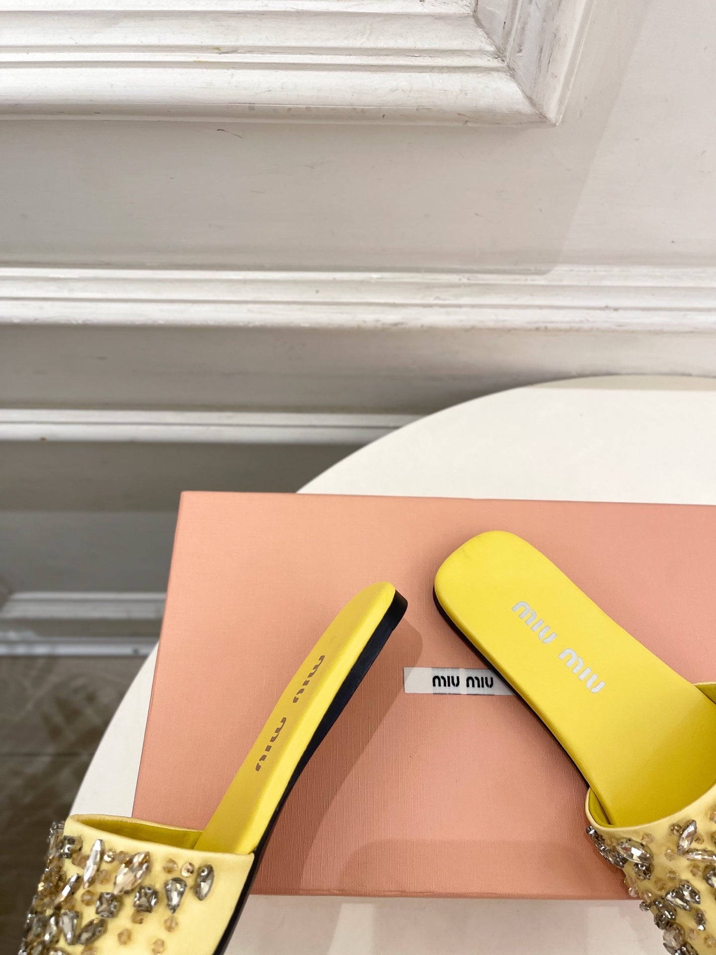 MIUMIU 26S SLIDES IN YELLOW SATIN CRYSTAL EMBELLISHED