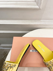 MIUMIU 26S SLIDES IN YELLOW SATIN CRYSTAL EMBELLISHED