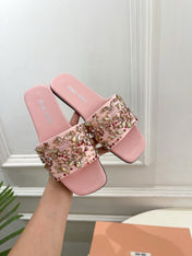 MIUMIU 26S SLIDES IN LIGHT PINK SATIN CRYSTAL EMBELLISHED