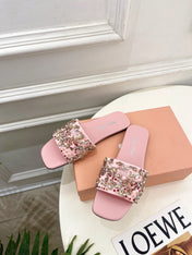 MIUMIU 26S SLIDES IN LIGHT PINK SATIN CRYSTAL EMBELLISHED