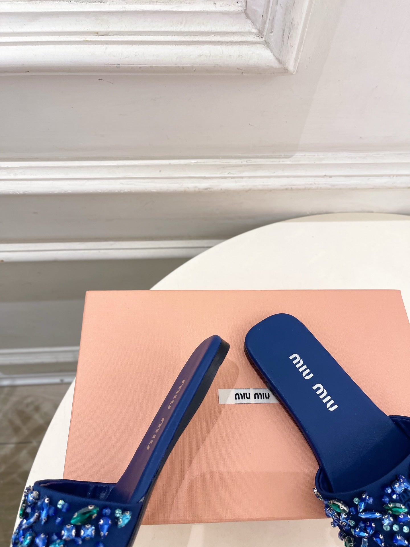MIUMIU 26S SLIDES IN ROYAL BLUE SATIN CRYSTAL EMBELLISHED