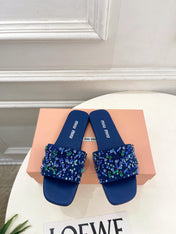 MIUMIU 26S SLIDES IN ROYAL BLUE SATIN CRYSTAL EMBELLISHED