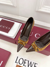 GUCCI 26S HIGH HEELS 75 MM IN CAMEL BROWN VELVET GG LOGO PATTERN